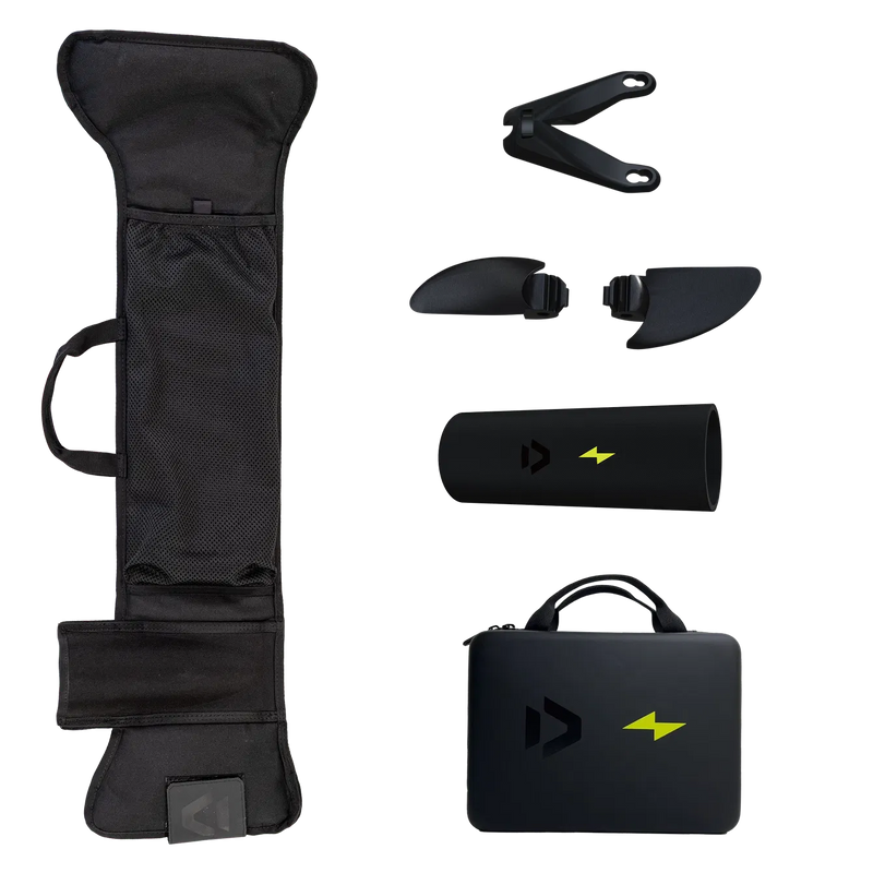 Kit completo de acessórios para kitesurf Orca Sports com bolsa, quilhas e case preto.