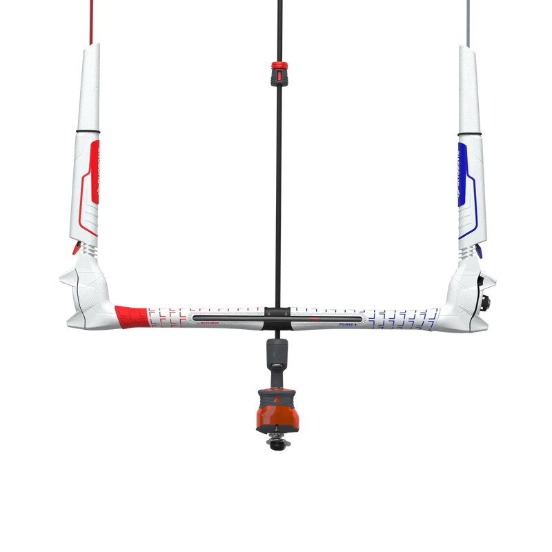 Barra de controle de kitesurf branca Orca Sports, detalhes vermelho e azul, fundo preto