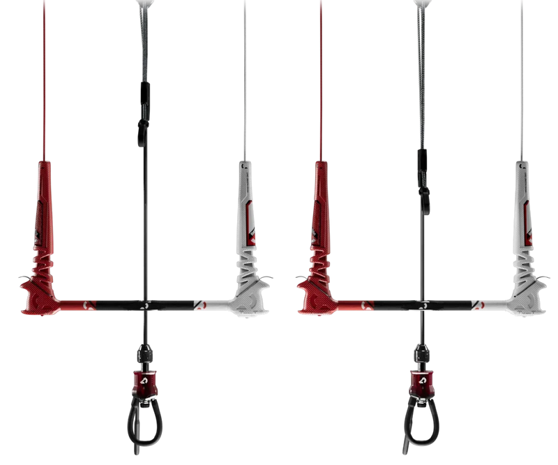 Barras de controle para kitesurf Orca Sports em diferentes tamanhos e cores, fundo preto.