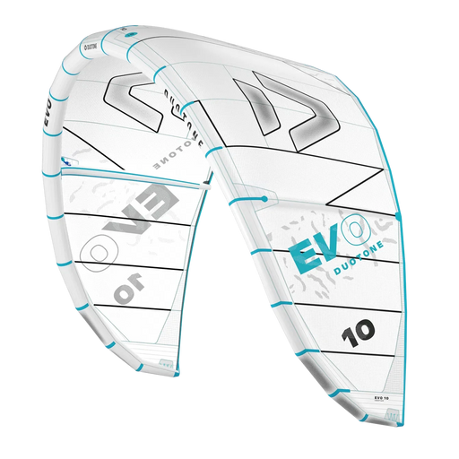 Pipa de kitesurf Duotone EVO branca com detalhes azuis, modelo 10m exibida pela Orca Sports.