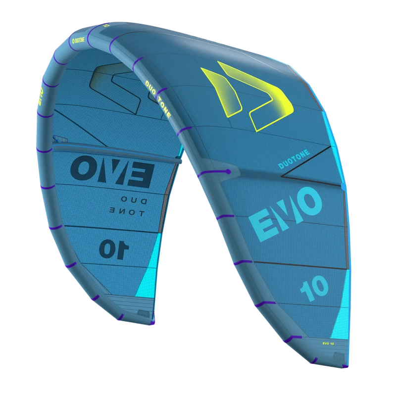 Pipa de kitesurf Duotone EVO azul com detalhes em amarelo, produto Orca Sports.