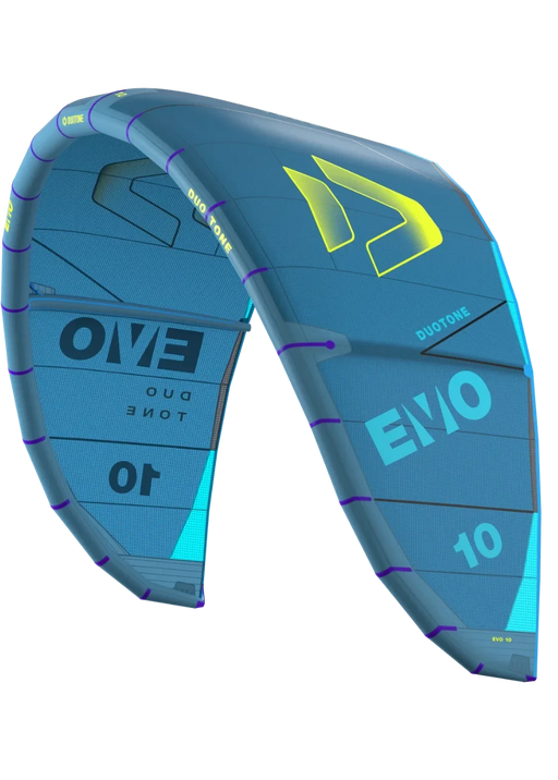 Pipa de kitesurf Duotone EVO azul com detalhes em amarelo, produto Orca Sports.