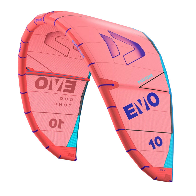 Pipa de kitesurf Duotone EVO 10 rosa e azul, destaque para esportes náuticos da Orca Sports