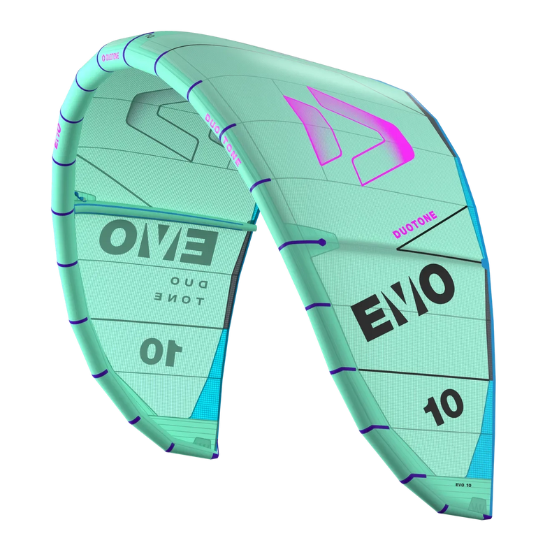 Pipa de kitesurf Duotone Evo 10 m² verde claro, destaque para logo da marca, Orca Sports