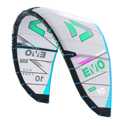 Pipa de kitesurf Duotone EVO SLS branca e preta, com detalhes em verde e roxo, destaque para esportes aquáticos na Orca Sports.