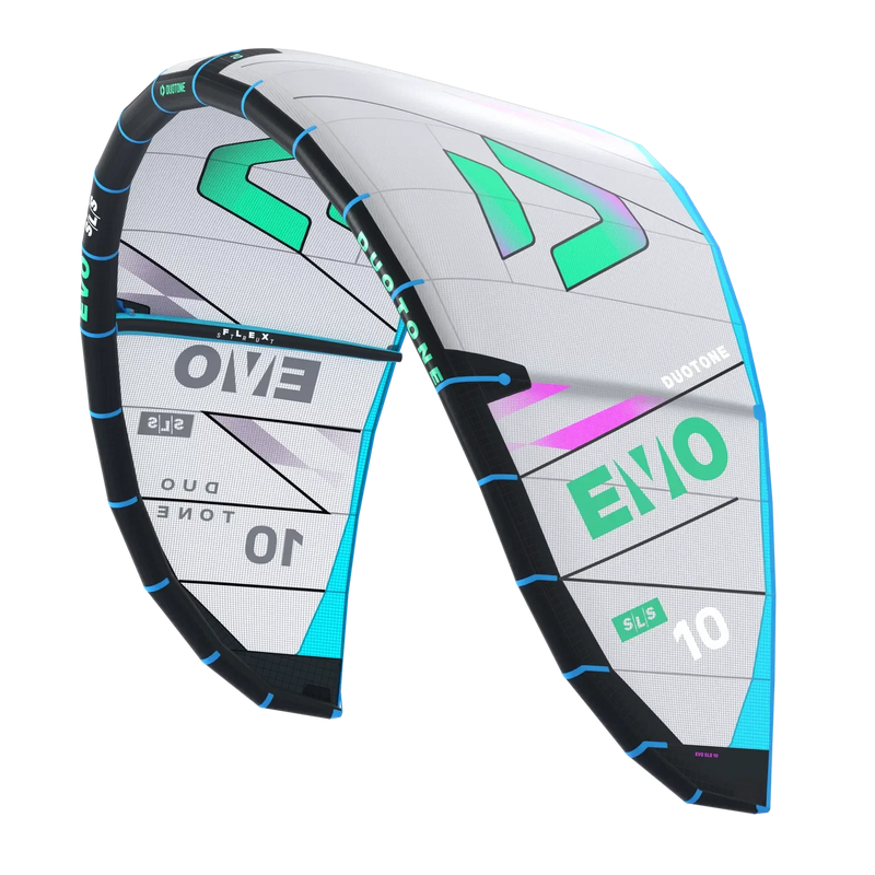 Pipa de kitesurf Duotone EVO SLS branca e preta, com detalhes em verde e roxo, destaque para esportes aquáticos na Orca Sports.