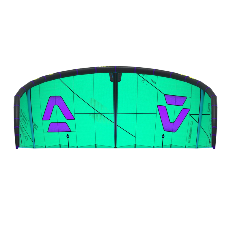 Pipa de kitesurf verde com detalhes roxos, equipamento esportivo Orca Sports.