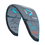 Pipa de kitesurf Duotone EVO cinza e azul, destaque para logotipos de marcas e tamanho 10m.