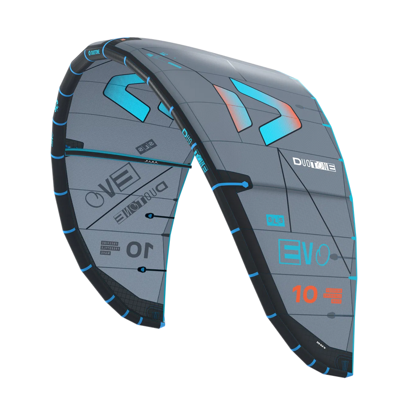 Pipa de kitesurf Duotone EVO cinza e azul, destaque para logotipos de marcas e tamanho 10m.