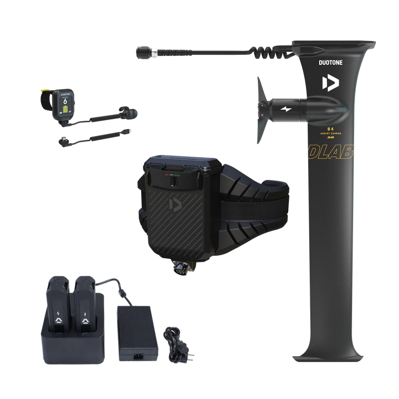 Kit Foil Assist Duotone DLAB com bateria, controle, carregador e acessórios para kitesurf Orca Sports.