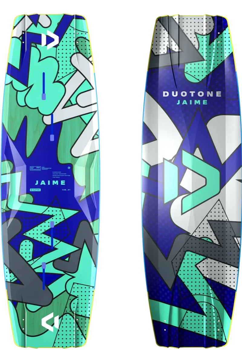 Prancha de kitesurf Duotone Jaime com design colorido azul, verde e branco na Orca Sports