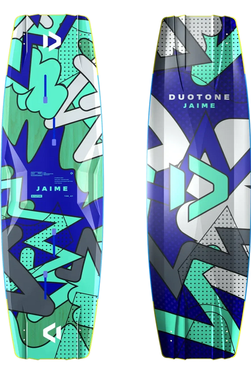 Prancha de kitesurf Duotone Jaime com design colorido azul, verde e branco na Orca Sports
