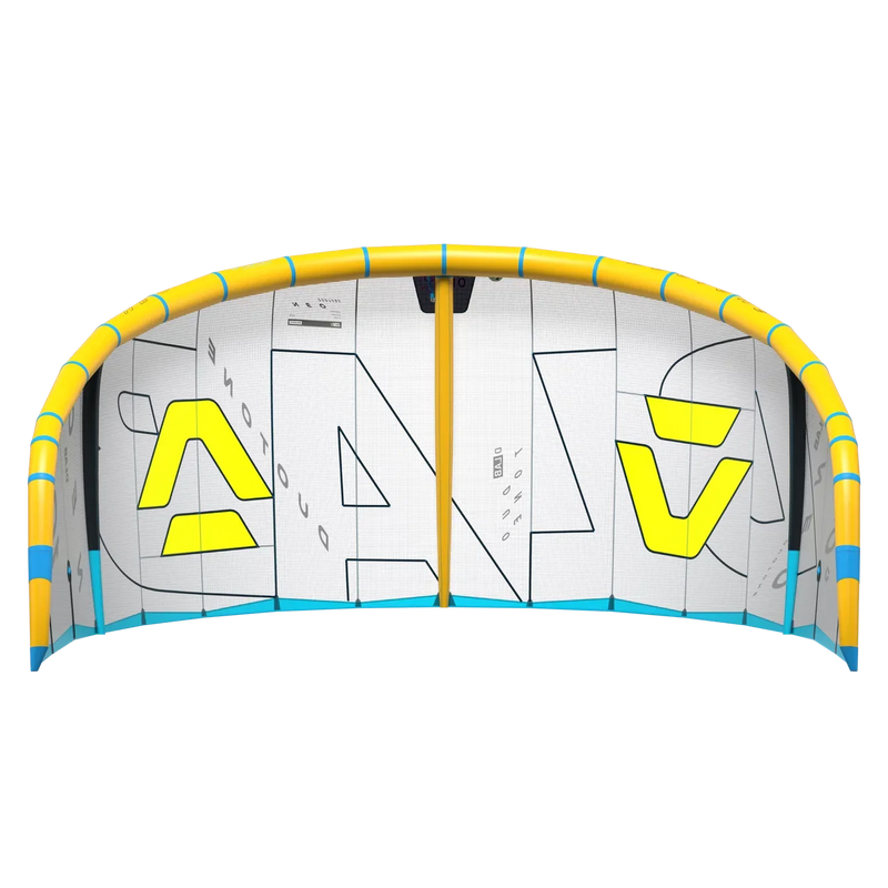 Pipa de kitesurf Duotone com detalhes amarelos e estrutura inflável, Orca Sports