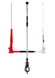 Barra de controle de kitesurf Orca Sports, design vermelho e branco, vista frontal.