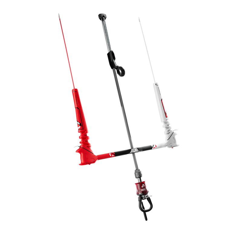 Barra de controle de kitesurf DreamStick X Orca Sports, preta, vermelha e branca, fundo preto