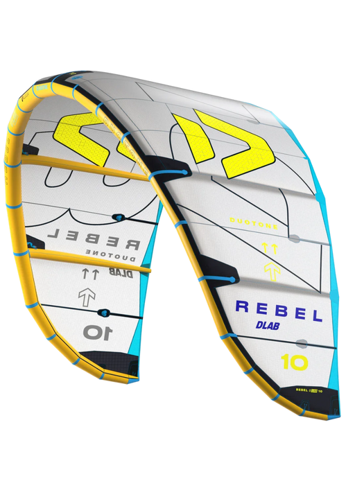 Pipa de kitesurf Duotone Rebel DLAB 10, branca com detalhes amarelos e azuis, vendida na Orca Sports.