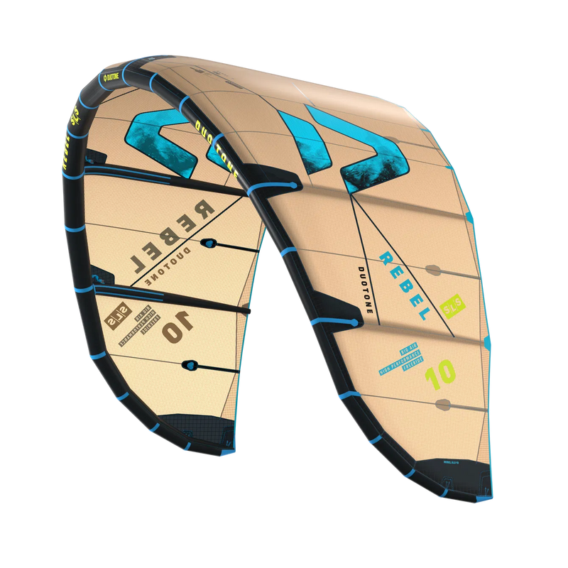 Pipa de kitesurf Duotone Rebel SLS bege com detalhes azuis, número 10, esportes aquáticos Orca Sports.