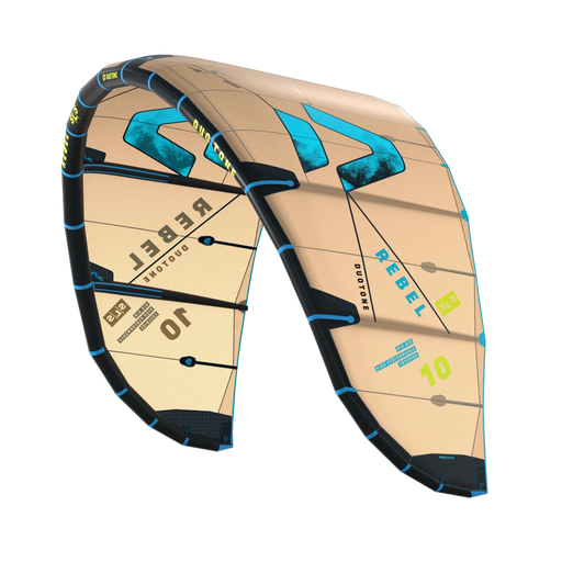 Pipa de kitesurf Duotone Rebel SLS bege com detalhes azuis, número 10, esportes aquáticos Orca Sports.