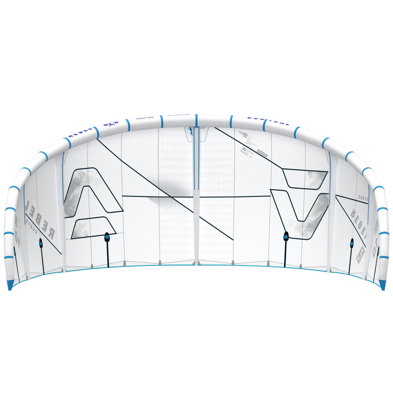 Pipa de kitesurf Rebel SLS branca com detalhes azuis, produto da Orca Sports