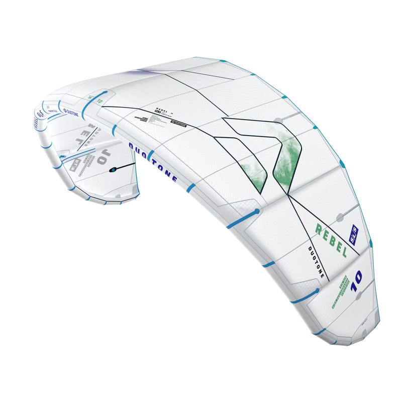 Pipa de kitesurf Duotone Rebel SLS branca com detalhes azuis, produto Orca Sports.