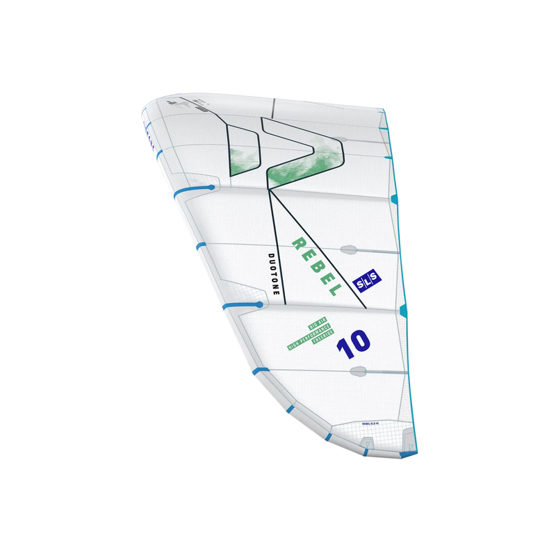 Pipa de kitesurf Duotone Rebel SLS branca com detalhes em azul e verde, modelo 10m, Orca Sports