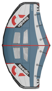 Ala de wingfoil Reedin azul e branca modelo SuperNatural 3.8 da Orca Sports.