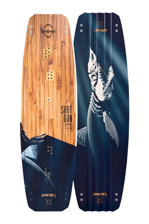 Prancha de kitesurf Lieuwe Shotgun com design de madeira e ilustração de tubarão, Orca Sports
