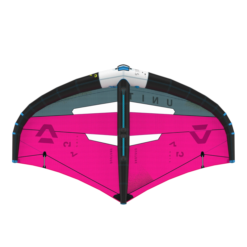 Asa de wingfoil Duotone UNIT rosa e cinza, vista traseira, equipamento de kitesurf Orca Sports
