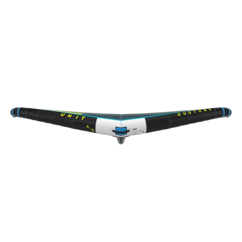 Asa wing Duotone preta com detalhes azuis para kitesurf, destaque para design e geometria.