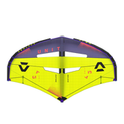 Vela de wing foil Duotone Unit 4.5 amarela e roxa, vista frontal, Orca Sports kitesurf.