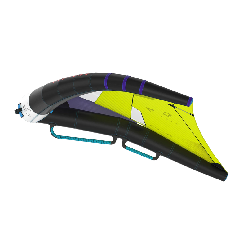 Ala de kitesurf inflável preta e amarela Orca Sports, vista lateral, para esportes aquáticos