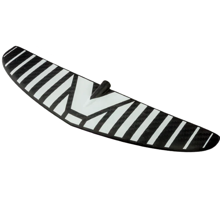Asa dianteira de foil carbono para wing foil Orca Sports, com listras brancas e pretas.