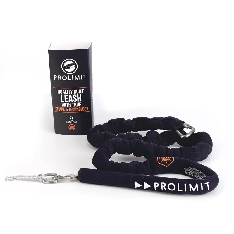 Leash Prolimit preto para kitesurf, com logo visível, ao lado de embalagem, vendido pela Orca Sports