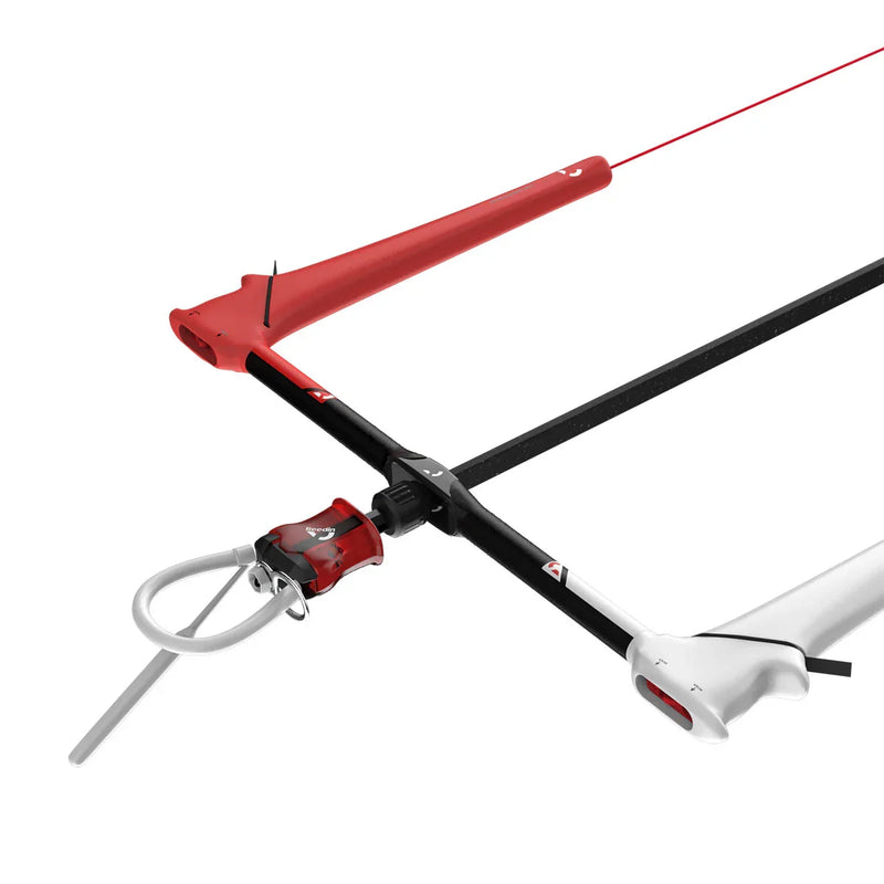 Barra de controle de kitesurf preta, vermelha e branca para velejo, vendida pela Orca Sports.