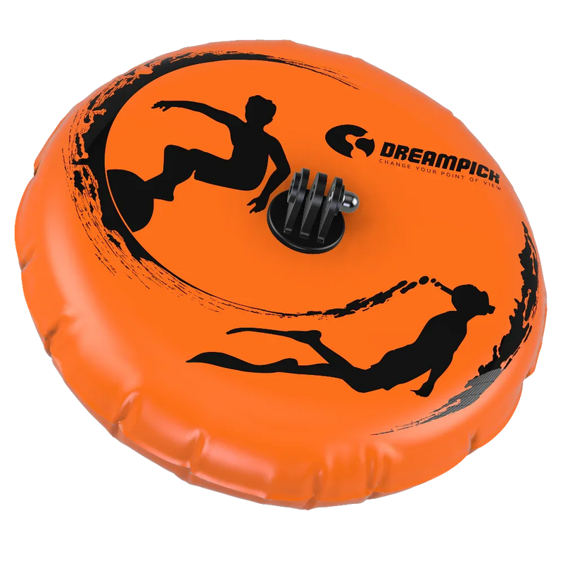 Disco inflável laranja para GoPro com ilustrações de surfista e mergulhador, acessório Orca Sports