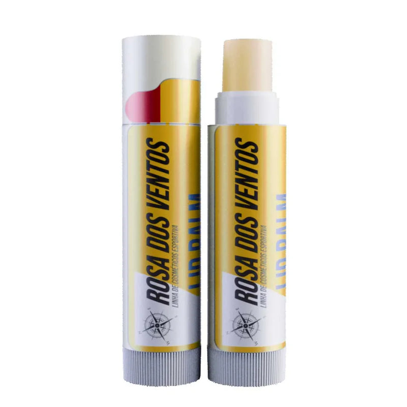 Balm labial esportivo Rosa dos Ventos com embalagem amarela, para kitesurf e triathlon