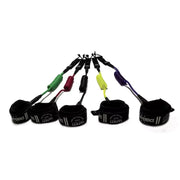 Leashes coloridos para kitesurf WKM, acessórios esportivos Orca Sports, em cinco cores no fundo branco.