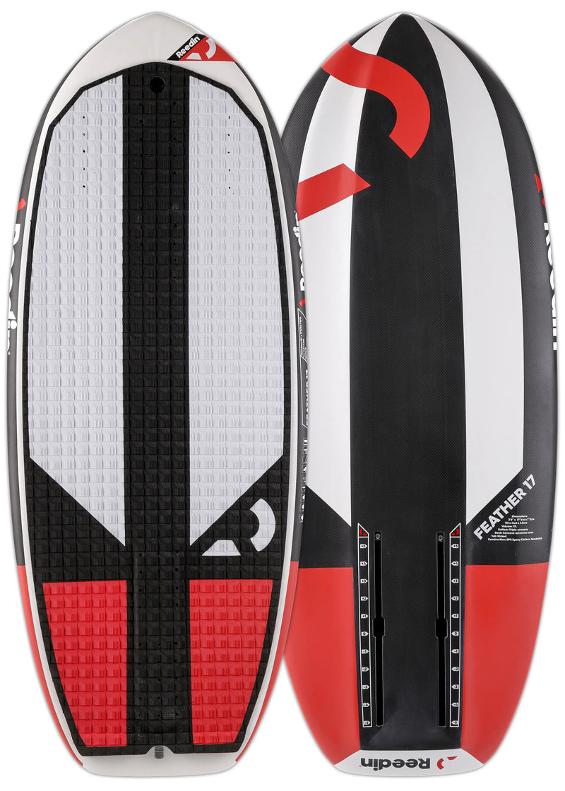 Prancha de kitesurf Reedin Feather 17 preta, branca e vermelha, vista superior e inferior, Orca Sports
