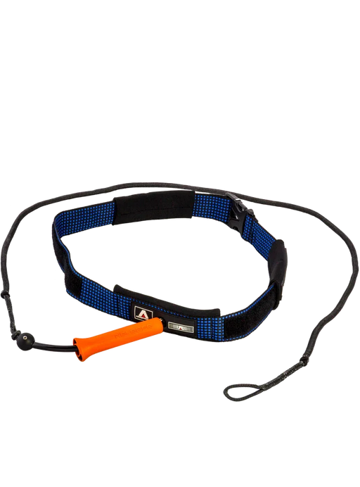 Leash de kitesurf Orca Sports azul e preto com alça laranja, acessório para velejo